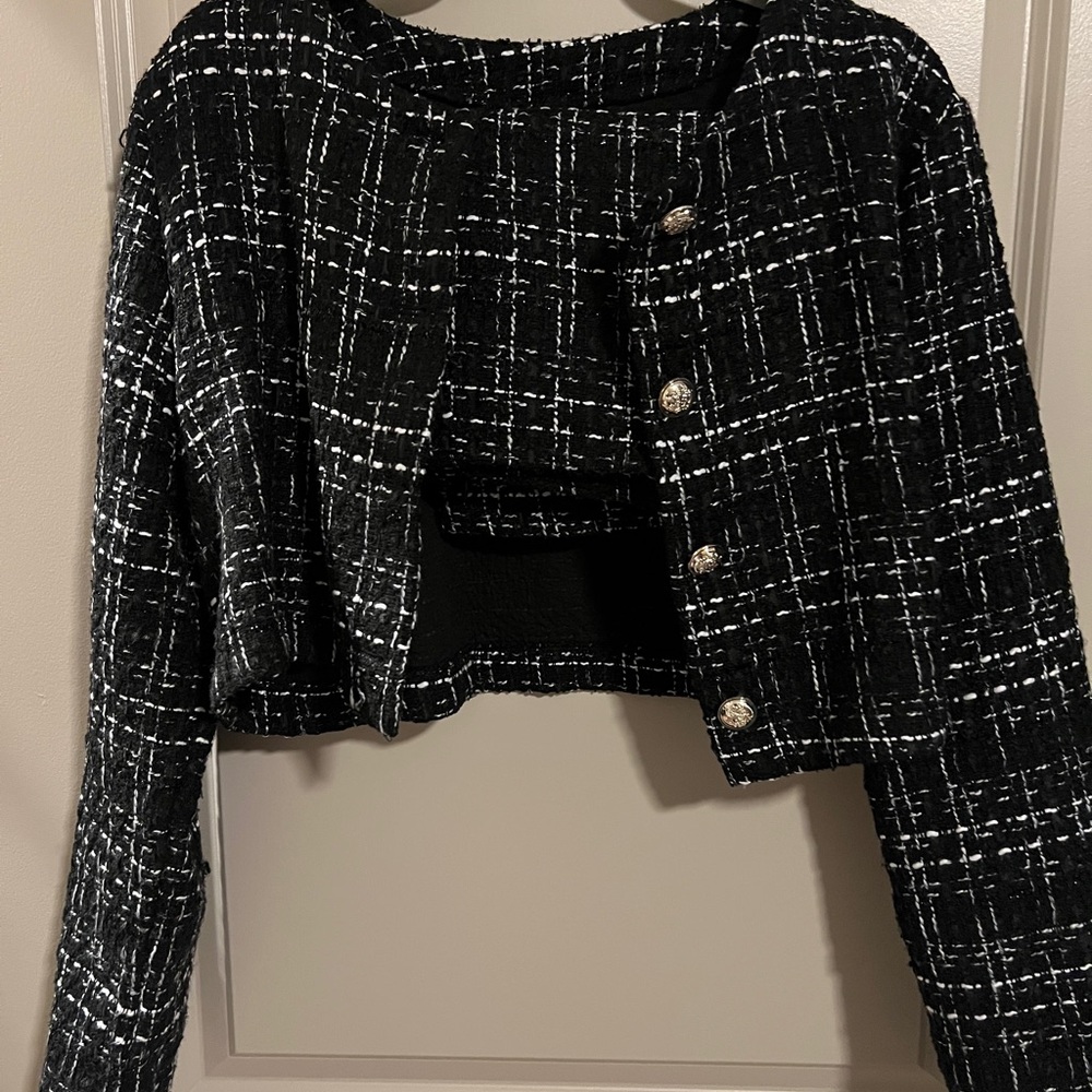 SHEIN Black and White Plaid Blazer with skirt